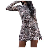 Autumn V-neck Short Sleeve  Party Dress Snakeskin Print Vintage Tassels Cocktail Flapper Mini Dress Bodycon Dress